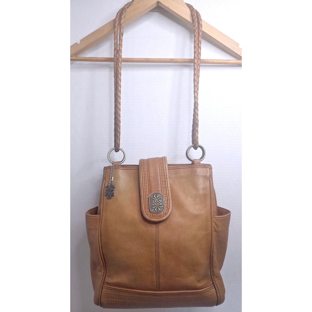 VTG 90s American Angel Tan Leather Braided Strap Shoulder Bag Silver Medallion
